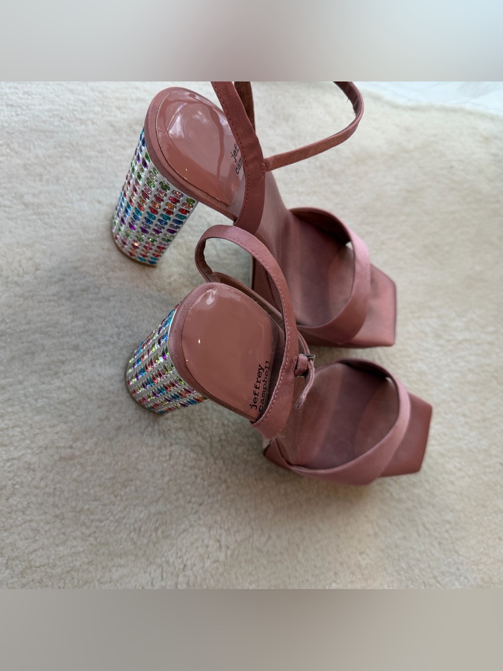 Jeffrey Campbell Pink Satin Multicolor Rhinestone Platform Wedge Heel Sandals - Picture 11 of 13